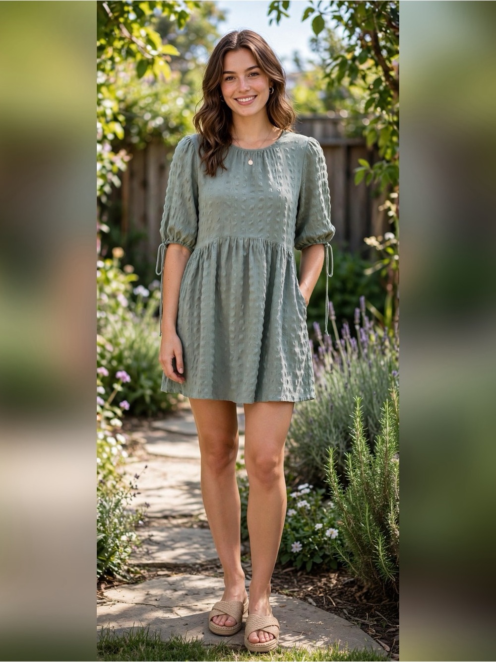ASOS Sage Green Babydoll Mini Dress 8 Puff Sleeve Open Back Cottagecore